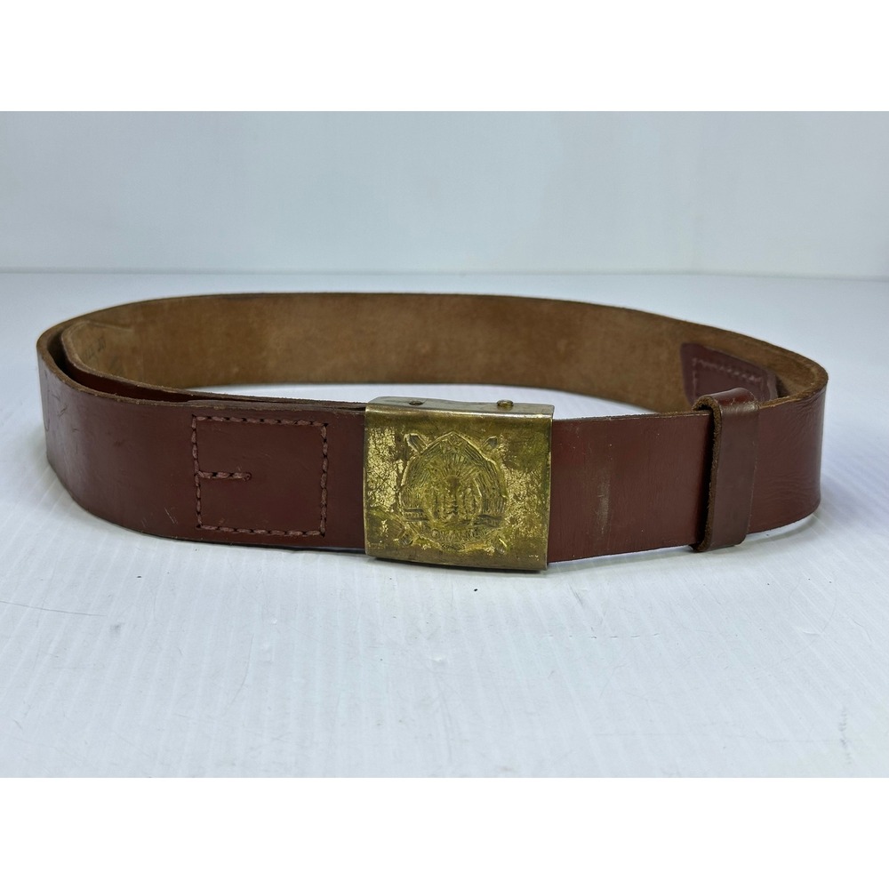 Vintage 1971 Romanian Military Leather Belt Socialist Republic Crest Buckle
